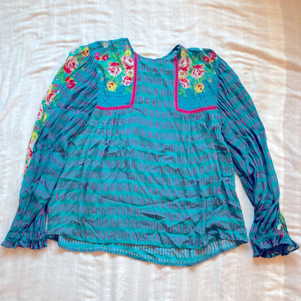 Anthropologie bl^nk‎ London blouse floral boho cottagecore colorful turquoise S